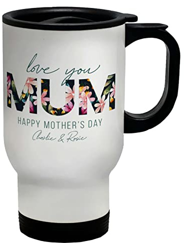Shopagift Personalised Happy Mothers Day Travel Mug Mum Mummy Mom Floral Gift from Son Daughter Cup