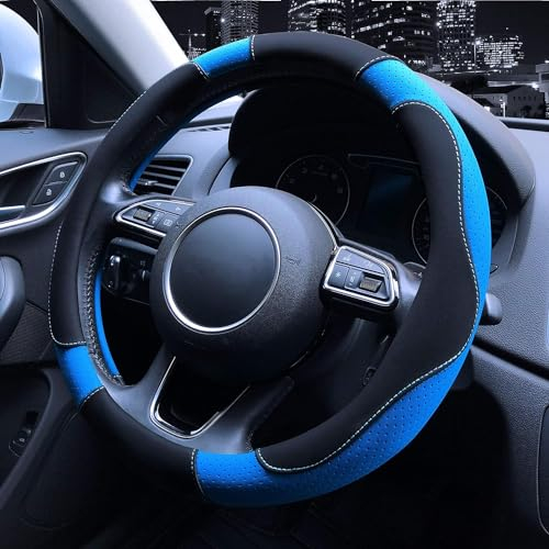 Istn Unisex Sport Stil Kontrast Farbe rutschfeste Schweiß Gute atmungsaktive PU Kunstleder 38 cm Auto Lenkrad Abdeckung (Blau)