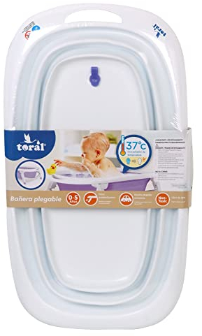 Toral Bañera Plegable Bebé con Patas Blanca - Bañera Bebe con Patas Comoda, Facil de Guardar, con Tapon Indicador de Temperatura y Patas Antideslizantes - Bañera Bebé Plegable Portatil