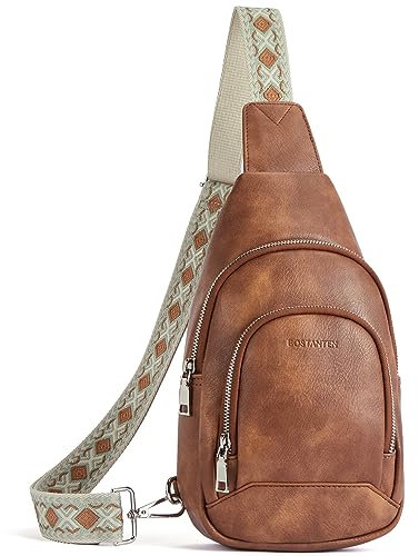 BOSTANTEN Sling Rucksack Damen Brusttasche, Kleine Crossbody Umhängetasche Frauen Bauchtasche PU Leder Schultertasche Sling Bag Daypacks(Braun)