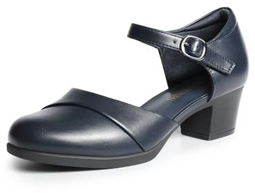 DREAM PAIRS Women's Dress Shoes Mary Janes Comfortable Low Block Heels Pumps Round Closed Toe Chunky Ankle Strap Shoes for Work Flight,Size 6.5,Navy,SDPU2412W