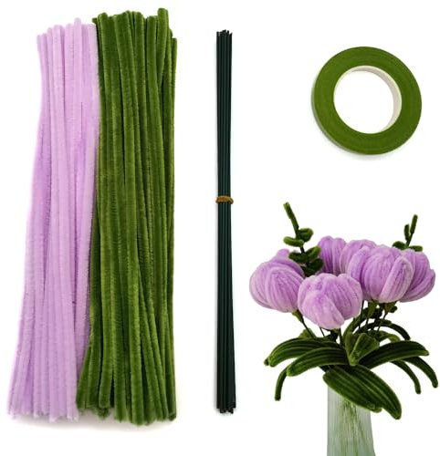 200 Stück Pfeifenputzern mit Blumendrähten und Blumenband,Pfeifenreiniger-Kit Chenilledraht für die Herstellung von Tulpensträußen, DIY-Bastelprojekten und Dekorationen (violett + grün)