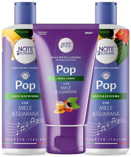 Set Cura Corpo 3-Pack Note di Schiuma: 2 Docciaschiuma Idratanti 400ml + Crema Corpo Nutriente 200ml - con Oli Essenziali, Estratti Naturali - Ideale per Pelli Sensibili - Made in Italy (Pop)