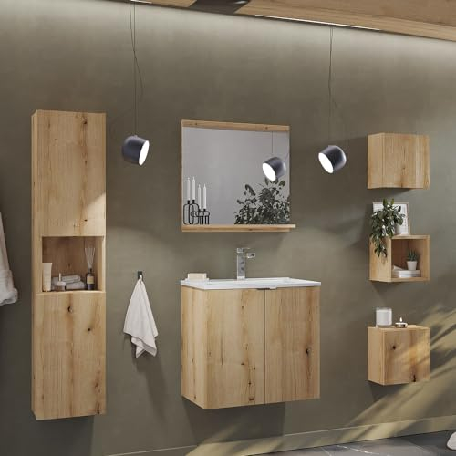 Lomadox Badezimmer Badmöbel Set 6-teilig, 60cm Waschtisch, Eiche, geringe Tiefe (40cm)