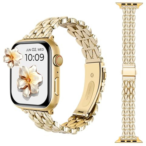 AoYi Acier Inoxydable Bracelet Femme Compatible avec Apple Watch 38mm 40mm 41mm 42mm, Luxe Rechange Métal Sangle pour iWatch Séries 10 9 8 7 6 5 4 3 2 1 SE SE2, Doré