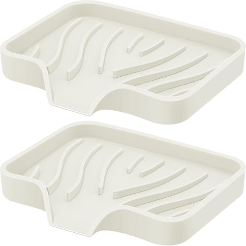 Silicone Soap Dish with Drain, SAISN Kitchen Soap Tray for Shower 2 Pack Self Draining Soap Dish Soft Bathroom Soap Holder for Kitchen Sink Flexible Portable Soap Saver, Beige