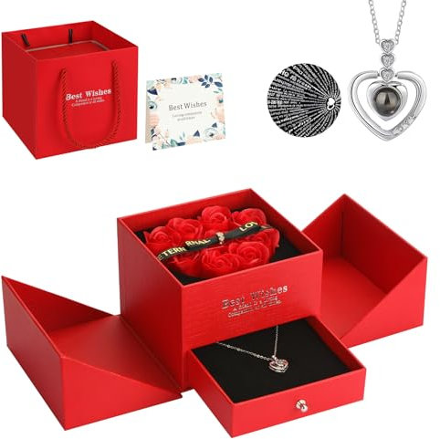 Coffret cadeau avec fleurs préservées pour bijoux roses, avec collier « I Love You » en 100 langues, parfait pour les femmes, les amies, idéal pour les mariages, Noël et la Saint-Valentin