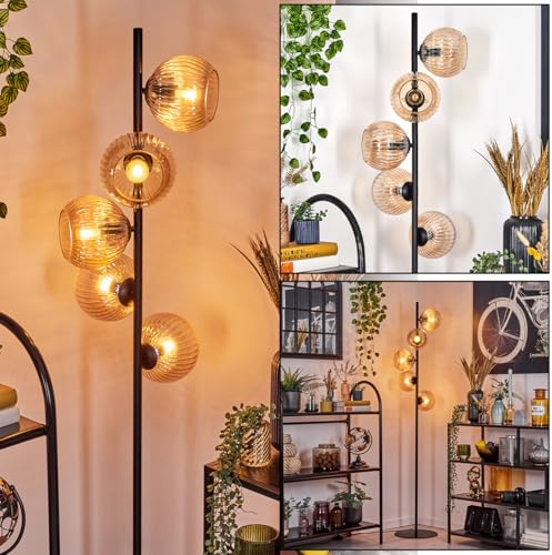 HOFSTEIN Stehleuchte Koyoto, Stehlampe aus Metall/Glas in Schwarz/Bernsteinfarben, Leuchte im Retro/Vintage-Design mit Glasschirmen (Ø 15cm) u. Fußschalter, 160cm, E14, Wohnzimmer, Schlafzimmer, Büro