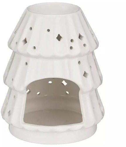 Ceramic Tree Oil Burner Stars Design Tealight Holder Xmas Wax Melt Warmer Christmas Festive White