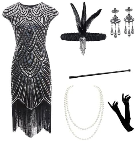 20er Jahre Kostüm Damen - Faschingskostüm Mit Kleid und Accessoires, Karneval Abendkleid Retro Cocktail, Flapper Mit Pailletten, Charleston, Gatsby