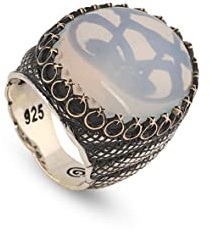 Jewellery Pit - Handgemachter Mondstein-Ring für Herren, klobiger 925 Sterling Silberring, Ottomane-Gravur, polierter Edelstein, Vintage-Verlobungsring mit Pflege-Silberputztuch (68)