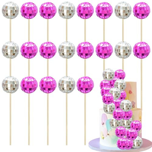 Ephlyn 24Pcs Christmas Disco Ball Cupcake Toppers Disco Ball Cupcake Picks Mini Disco Ball Cake Toppers Decorations for Disco Theme Party 70s Disco Party Decorations Rose Red Silver