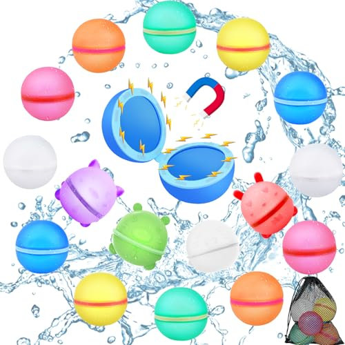 BBWELL Globos de Agua Reutilizables,16 Globo de Agua in Silicona,Globos de Aguas Llenado Rapido con 1 Bolsa de Malla,Juguetes de Verano Aptos para Exteriores,Piscina,Playa y Fiestas Acuáticas