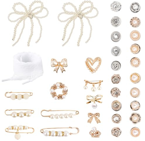 FIDWALL 36-teiliges DIY Schuh- und Sockenschmuck Set für Mädchen Damen, Perlen Schleifen Spitze Broschen Pins, Schnürsenkel Schmuck & Schuhclips für Sneakers und Beinwärmer