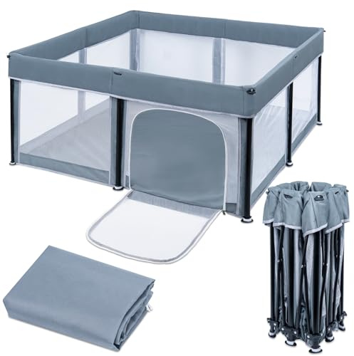 Laufstall Baby Laufgitter 127 x 127 cm Faltbarer Baby-Spielzaun, Dunkelgrau | 150D Oxford Indoor- und Outdoor-Spielzaun mit Aufbewahrungstasche, Playpen