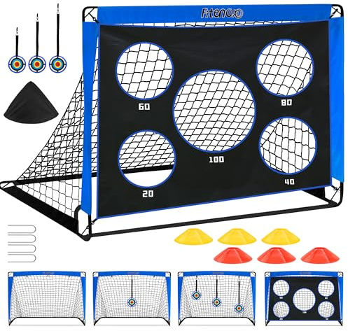 Fitencexu Fussballtore für Garten Kinder Fussballtor 3 In 1 Fussball Tor Pop Up Tor mit Schussloecher und Tragetasche,Bodennägeln,120x90cm,3x15cm Zielen & 6 Hütchen (Blau)