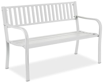 Relaxdays 2-Seater Garden Bench, HxWxD: 82 x 127.5 x 59.5 cm, Steel, for Garden, Terrace, Balcony, Park, White