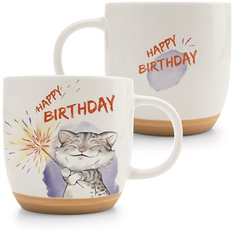 63006 Tasse Chat Happy Birthday, 400 ML, 9,5 x 9,5 cm, Orange, en Porcelaine, conçue avec Soin, Accessoire Mignon pour la Cuisine, Le Bureau et la Maison, Joli Cadeau pour Vos Proches