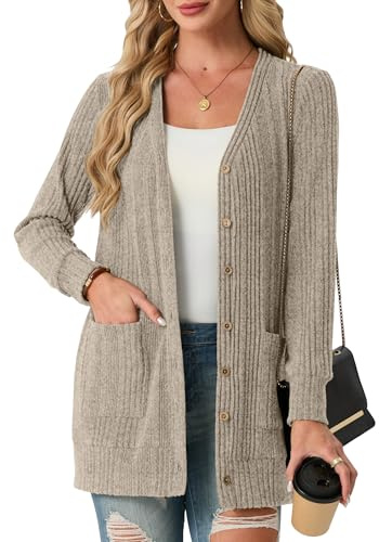 GRECERELLE Womens Long Cardigans Open Front Ladies Lightweight Ribbed Cardigan Casual V Neck Jackets with Pockets for Women UK,Spring, Summer, Autumn