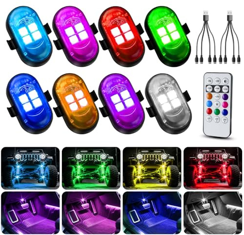 GSOWO Upgrade 8 PCS Wireless LED Strobe Lights, [4 LED Beads] [10 Lighting Modes] 8-Color USB Powered Anti-Collision Car Flashing Warning Light for Cars, Bikes, Motorcycles, Drone, with Remote