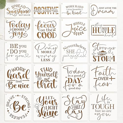 20 Stück Inspirierende Worte Schablonen zum Malen, Wiederverwendbare Malschablonen Erwachsene für Textilgestaltung, Scrapbooking, Wandgestaltung und Steine Bemalen Set