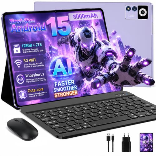 Android 15 Tablet 10.1 Zoll, Gemini AI Tablet mit Tastatur und Maus, Lila | 30GB RAM+128GB ROM+2TB, 5G WLAN, Octa-Core 2.0GHz, Widevine L1, 8000mAh Akku, BT 5.0, GPS, GMS, Schutzhülle