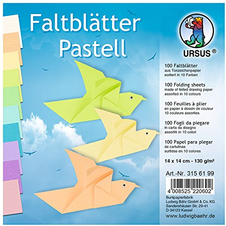 Ursus 3156199 - Faltblätter Pastell, ca. 14 x 14 cm, 130 g/qm, 100 Blatt in 10 verschiedenen Farben, aus Tonzeichenpapier, durchgefärbt, ideale Grundlage für vielseitige Bastelarbeiten