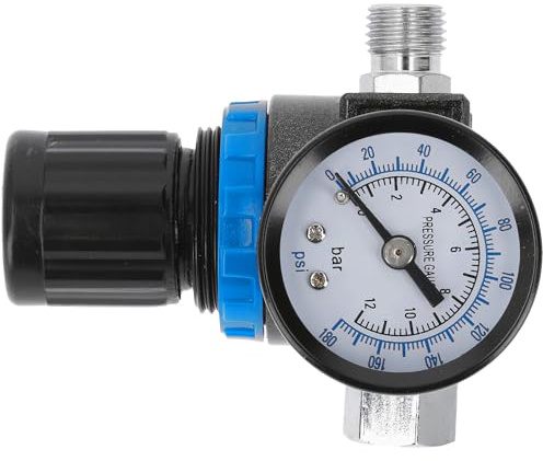 Högert Technik Druckregler mit Manometer 1/4 Zoll für Lackierpistolen, Druckluftwerkzeuge, Kompressor Zubehör, Einstellbarer Luftdruckregler bis 12 BAR 174 PSI