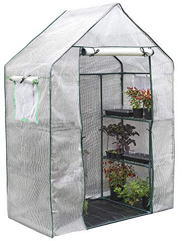 Garden Grow Walk In Greenhouse with PE Cover, 3 Tier with 6 Shelves, Roll Up Door & Netted Windows for Temperature Control