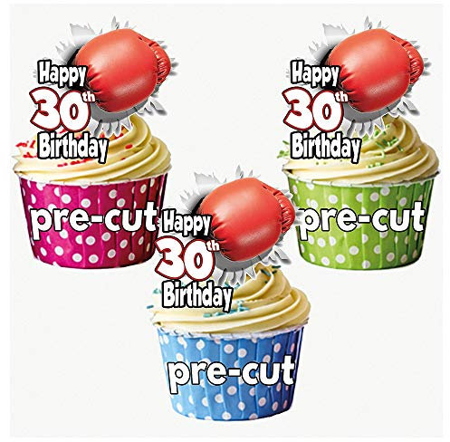 AK Giftshop PRECUT Boxing Glove - 30th Birthday - Edible Cupcake Toppers/Cake Decorations (Pack of 12)
