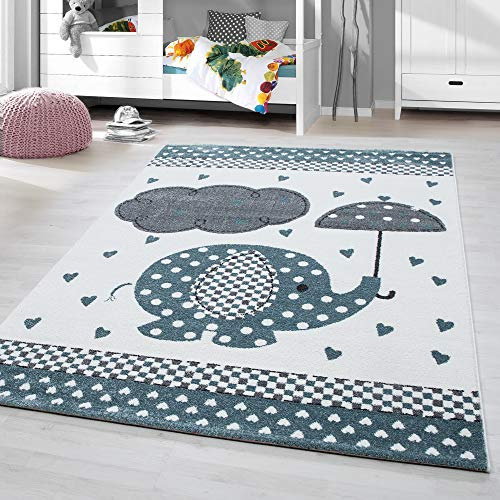 HomebyHome Kinderteppich Blau 160 cm Rund Elefanten mit Regenschirm Großer Jungen Teppich Kinderzimmer Kurzflor Teppich Extra Weich Antiallergen Babyzimmer Teppich