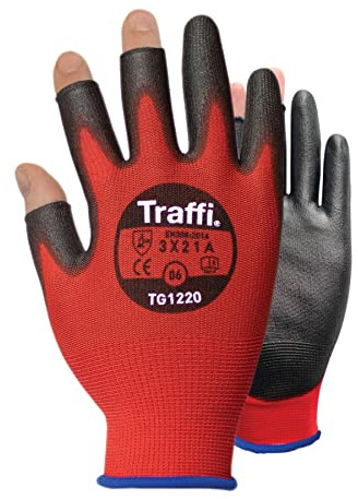 Traffi TG1220 X-Dura 3 Digit PU A Warning Glove, Cut Level A, Red, 10 Size, Pair, Pack of 10