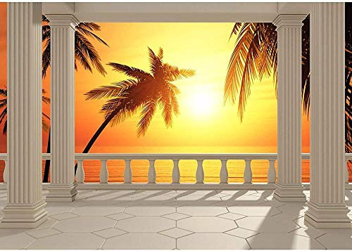 XiuTaiLtd Seide Fototapete Wand Foto Tapete Wand Bild Seidentapete - Terrace View Caribbean Sunset - Terrasse Seeblick 3D Strand Beach Meer Sonne Palmen-200x100 CM