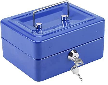 Shoze Cash Box 6 Metal Money Box with 2 keys Lockable Portable Petty Cash Deposit Tin with Removable Change Tray for Kids Shop Office Home (Blue)