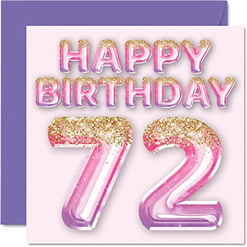 72nd Birthday Card for Women, Pink & Purple Glitter Balloons | Happy Birthday Cards for 72 Year Old Woman Mum Great Nanny Grandma Gran, 145mm Greeting Cards Gift