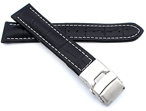 Sulla 20mm Uhrenband Alligator Prägung Genuine Leder Armband mit Faltschließe aus Edelstahl Schwarz Weiße Naht