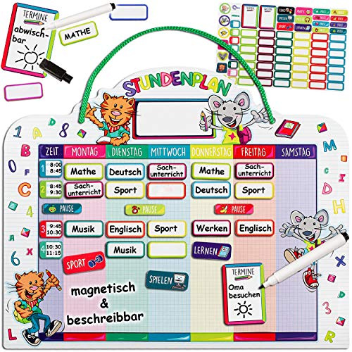 alles-meine.de GmbH Stundenplan - magnetisch + abwischbar - Wisch & Weg - Wochenplaner/Memoboard - lustige Maus & Katze - mit Folienstift - incl. 75 Stück Magnettafeln zum Besc..