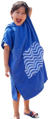 DiaryLook Kids Swimming Changing Robe with Hood, Beach Poncho Towel with Pockets Boys & Girls Quick Dry, Bath Robe Surfing Watersport Blue Stripes 2-5 Years