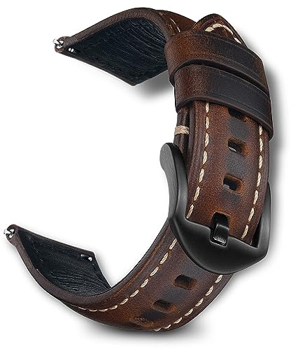 RoYiio Uhrarmband 20mm/22mm Ölgewachstes Leder (Armband 20mm - Dunkelbraun) | Weich, Bequem, Edelstahlschnalle, ErsatzArmband mit Schnellverschluss, Uhrenarmband für Herren Damen Beruf/Freizeit/Täglichen