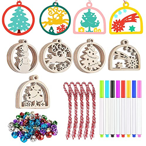 Miaikoe 50pcs Holz Hängende Ornamente für Weihnachtsbaum Dekorationen,5 Stile DIY Holz Scheiben mit Löchern für Kinder Handwerk Mittelstücke Weihnachten Neujahr Urlaub Hängende Dekorationen