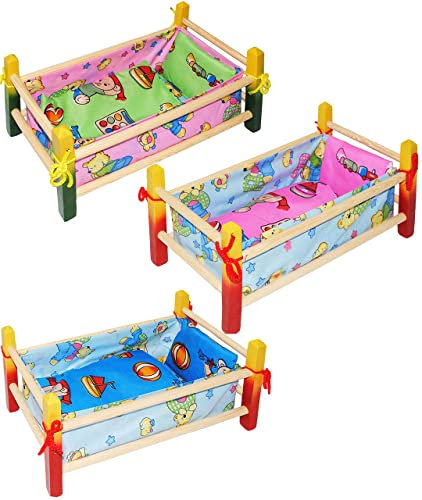 alles-meine.de GmbH 2 Stück Holz - Puppenbetten - Bunte Tiere - 40 cm lang - aus Naturholz - incl. Bettzeug - Decke & Kopfkissen - für Puppen - Holz Wiege Kinderbett Bett B..