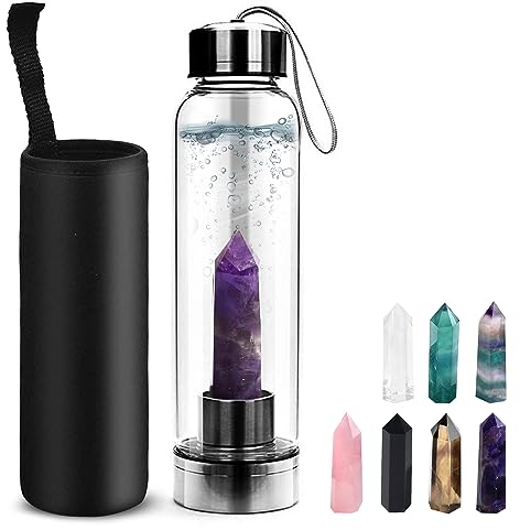 HINATAA Bottiglia Acqua di Cristallo Naturale,Bottiglia in Pietre Preziose al Quarzo Rimovibile,Borraccia Porta Gemme di Portatile,BPA Cristalli Curativi Chakra 550ml (Ametista+Flacone)