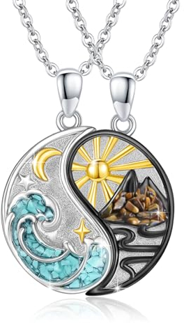 REDSUN Yin Yang Halskette 925 Sterling Silber Berg Sonne Anhänger Halskette für Paar BFF Kette 2ps Freundschaftskette Schmuck Geschenke für Damen Herren Couple Tochter (Türkis3)