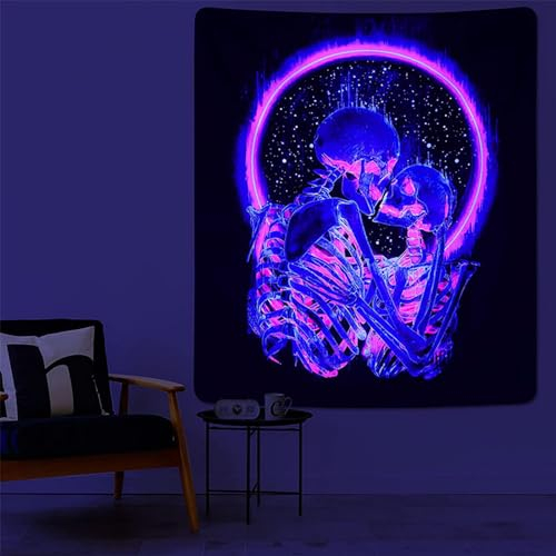 Tokusyou Schwarzlicht Skelett Wandteppich UV Reaktive Wandbehang Hippie Trippy Psychedelic Kuss Schädel Tapisserie Dunkel Galaxien Aesthetic Wanddekoration für Schlafzimmer Wohnzimmer, 150x210cm