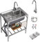 Fregadero de cocina de acero inoxidable, fregadero independiente comercial, compartimento de un solo cuenco, fregadero comercial con grifo, para interiores y exteriores, garaje, lavandería/cuarto de
