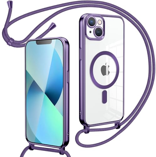 Oelrstfe Collier Coque avec Cordon pour iPhone 14, Transparent Réglable Étui Chain Chaine Housse de Souple Silicone Antichoc Etui Bandouliere Laniere pour iPhone 14 - Violet
