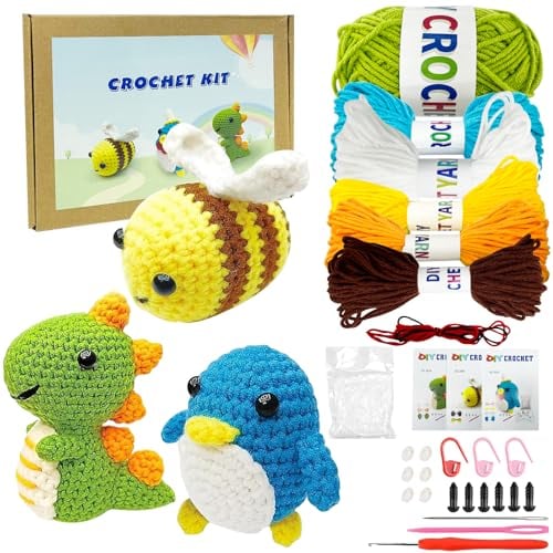 Ruikdly Häkelset für Anfänger 3 Tiere Stricken für Anfänger Set mit Detaillierten Video Tutorials Kreativ Basteln Stricken Häckeln Set für Anfänger und Erwachsene(Pinguin/Bienen/Dinosaurier)