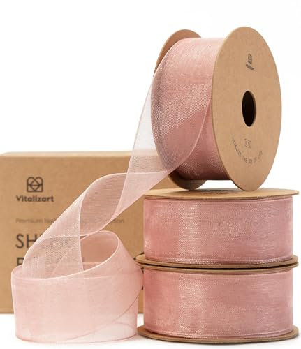 Vitalizart Nastro di Organza Rosa Dorato 2,5 cm x 27,4 m, Decorazioni per le Feste, Nastri Regalo in Tessuto di Tulle per Pacchi Regalo, Albero di Natale, Fai da Te, Fiocchi, Inviti di Nozze