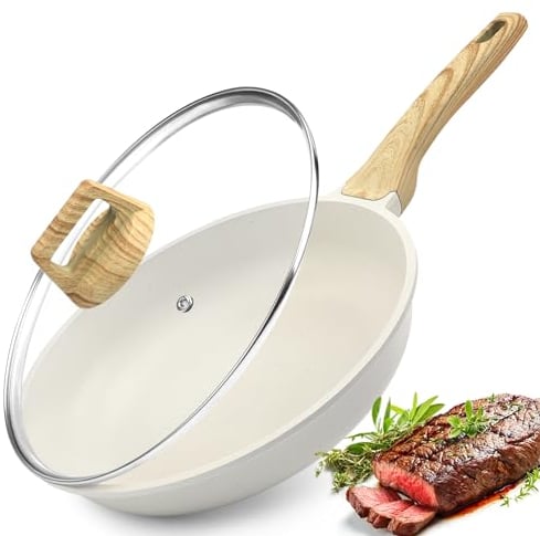 GiPP Sartén antiadherente - sartén antiadherente de granito, sartén de cocina no tóxica, bandeja de huevo frito con mango refrigerado, fácil de limpiar, compatible con la inducción (Blanco, 28cm+tapa)