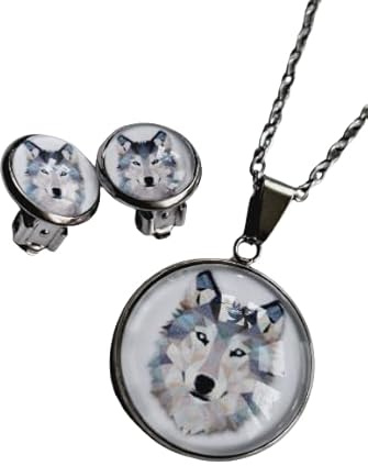 Generisch Schmuckset Wolf Kopf grau weiß schwarz Origami Ohrstecker ODER Ohrclips und Halskette mit Anhänger